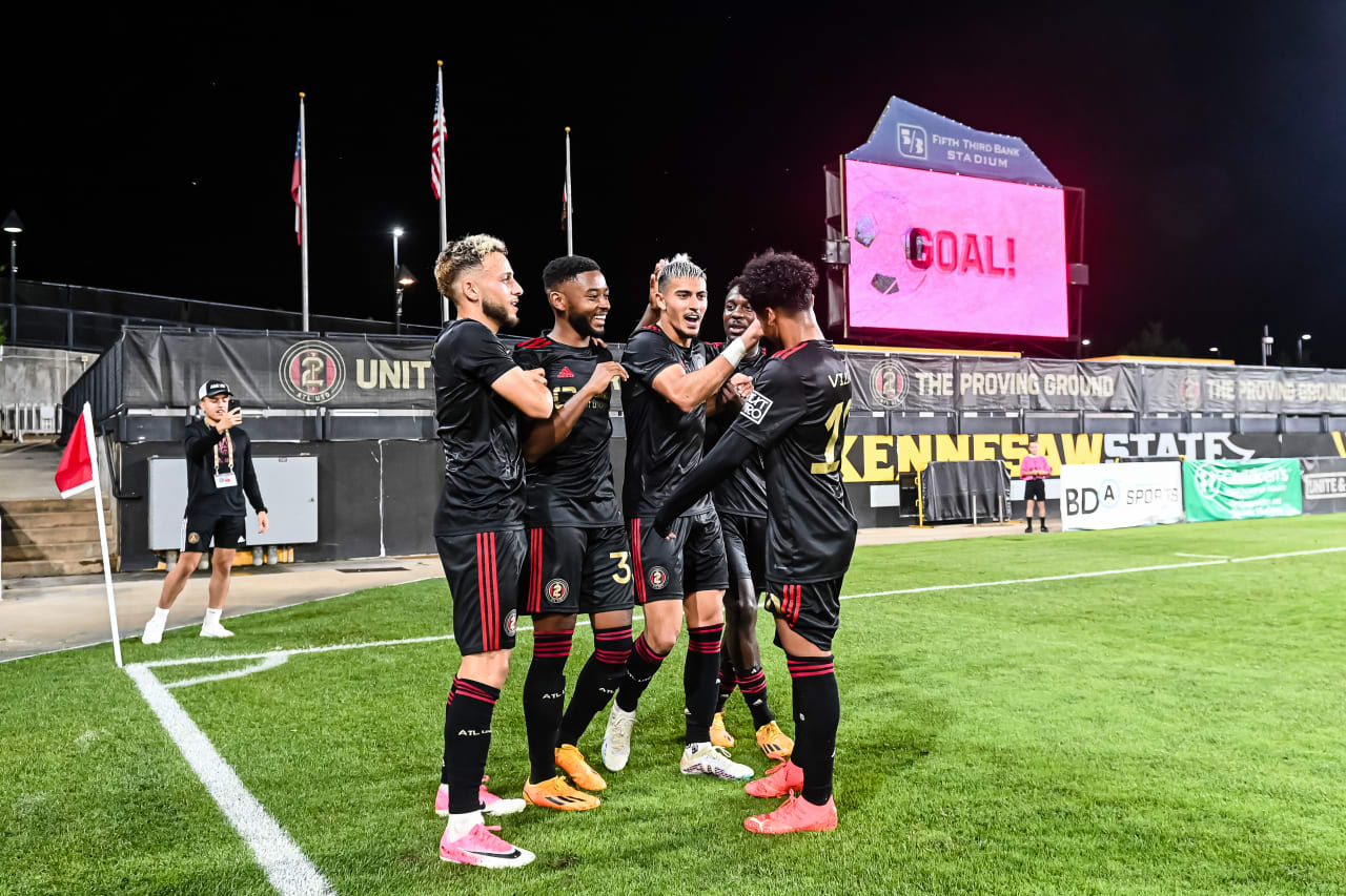 Atlanta United 2 midfielder Nick Firmino #8 celebrates with teammates after scoring a goal during the MLS Next Pro match against New York City FC 2 at Fifth-Third Bank Stadium in Marietta, Ga. on Sunday, June 25, 2023. (Photo by Asher Greene/Atlanta United)