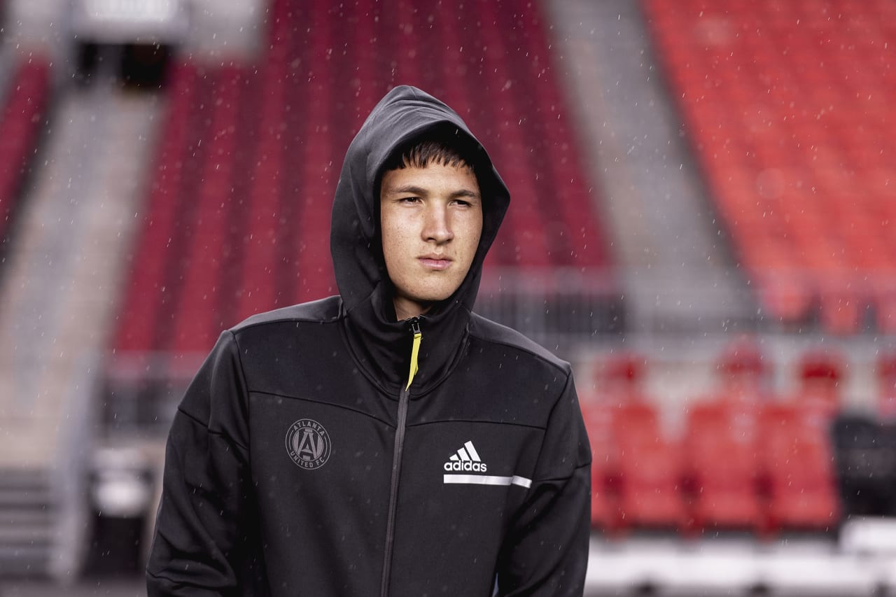 Atlanta United midfielder Franco Ibarra #14 looks on upon arrival before the match against Toronto FC at BMO Training Ground in Toronto, Ontario on Saturday October 16, 2021. (Photo by Jacob Gonzalez/Atlanta United)