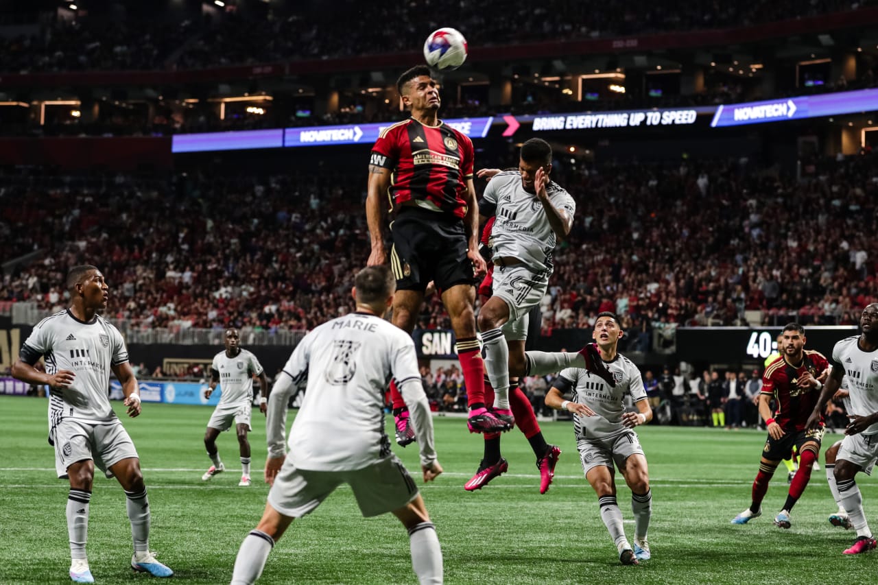 Atlanta United defender Miles Robinson #12 heads the ball during the first half during the match against San Jose Earthquakes at Mercedes-Benz Stadium in Atlanta, GA on Saturday February 25, 2023. (Photo by AJ Reynolds/Atlanta United)