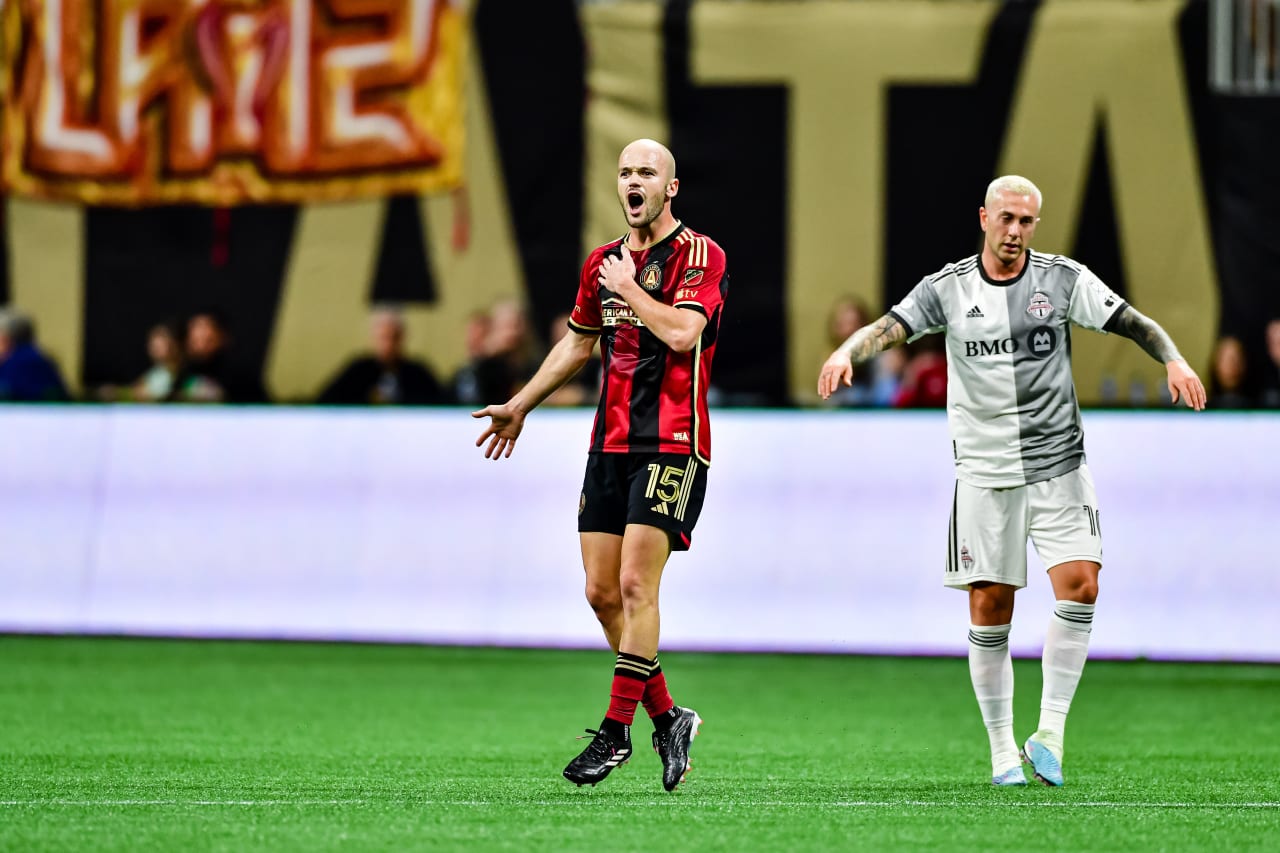 Atlanta United defender Andrew Gutman #15 reacts during the match against Toronto FC at Mercedes-Benz Stadium in Atlanta, GA on Saturday March 4, 2023. (Photo by Kyle Hess/Atlanta United)