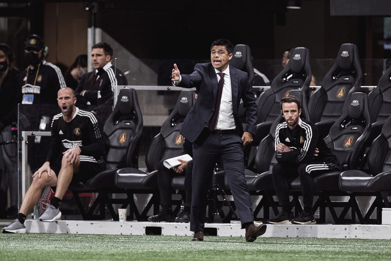 Atlanta United Head Coach Gonzalo Pineda reacts during the match against Inter Miami at Mercedes-Benz Stadium in Atlanta, Georgia on Wednesday October 27, 2021. (Photo by Kyle Hess/Atlanta United)