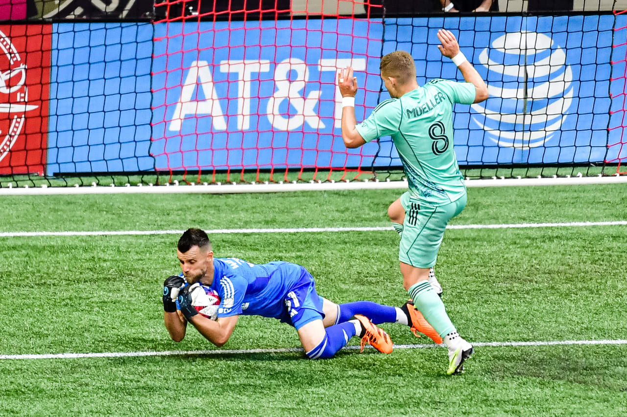 Atlanta United goalkeeper Quentin Westberg #31 makes a save during the first half of the match against Chicago Fire FC at Mercedes-Benz Stadium in Atlanta, GA on Sunday, April 23, 2023. (Photo by Kyle Hess/Atlanta United)
