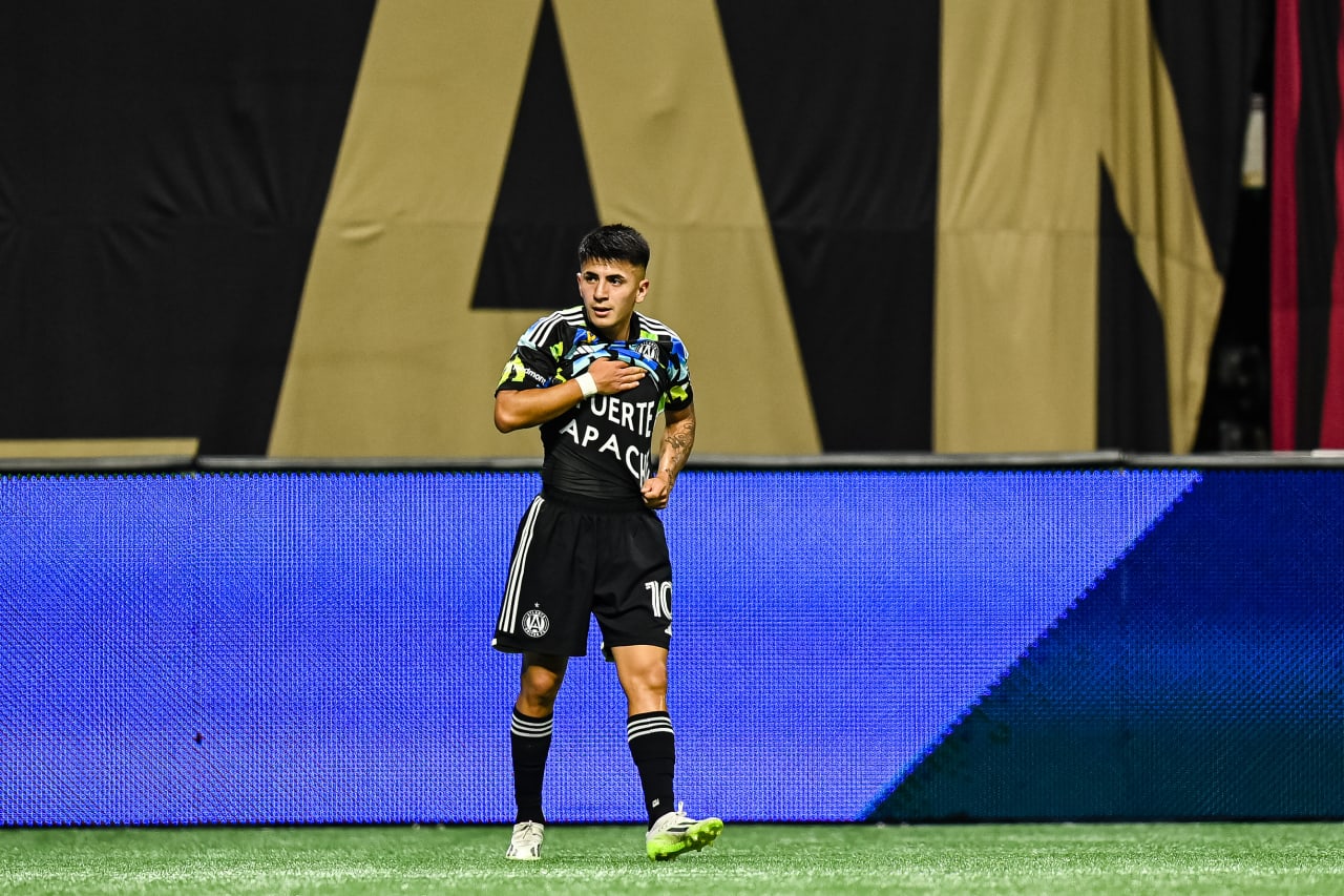 Atlanta United midfielder Thiago Almada #10 celebrates after a goal during the first half of the match against CF Montreal at Mercedes-Benz Stadium in Atlanta, GA on Saturday, September 23, 2023. (Photo by Mitch Martin/Atlanta United)
