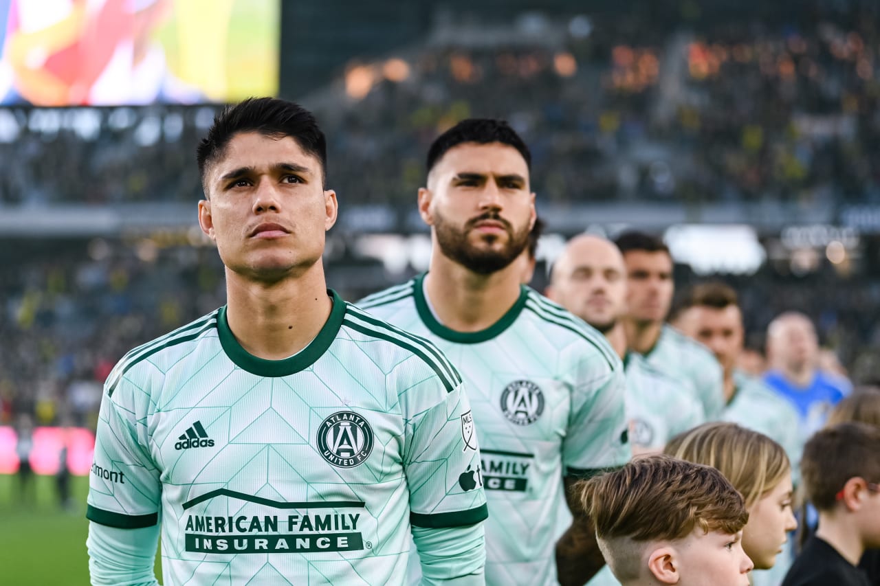 Atlanta United forward Luiz Araújo #10 during the National Anthem before the match against Columbus Crew at Lower.com Field in Columbus, OH on Saturday March 25, 2023. (Photo by Mitchell Martin/Atlanta United)