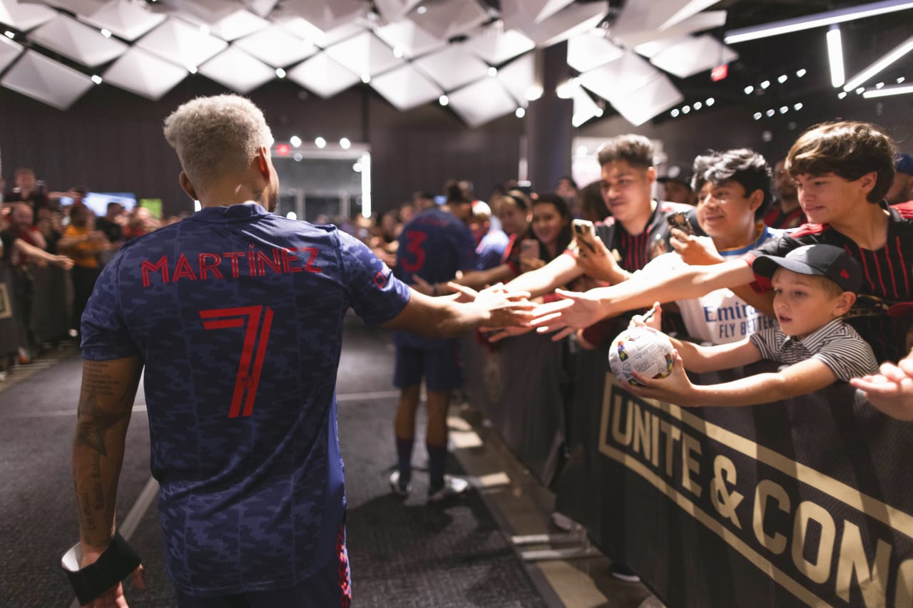 Atlanta United forward Josef Martinez #7 interacts with supporters after the match against Columbus Crew at Mercedes-Benz Stadium in Atlanta, United States on Saturday May 28, 2022. (Photo by Matthew Grimes/Atlanta United)