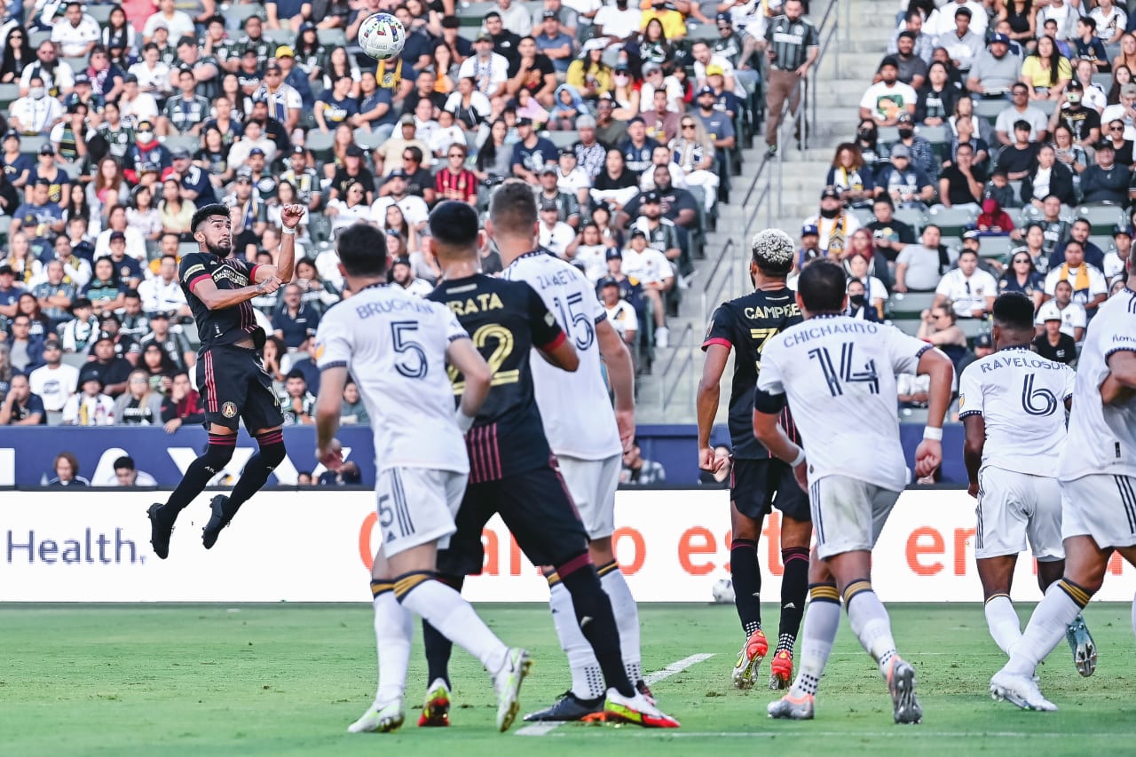 Atlanta United midfielder Marcelino Moreno #10 jumps up to head the ball during the first half of the match against LA Galaxy at Dignity Health Sports Park in Carson, United States on Sunday July 24, 2022. (Photo by Dakota Williams/Atlanta United)