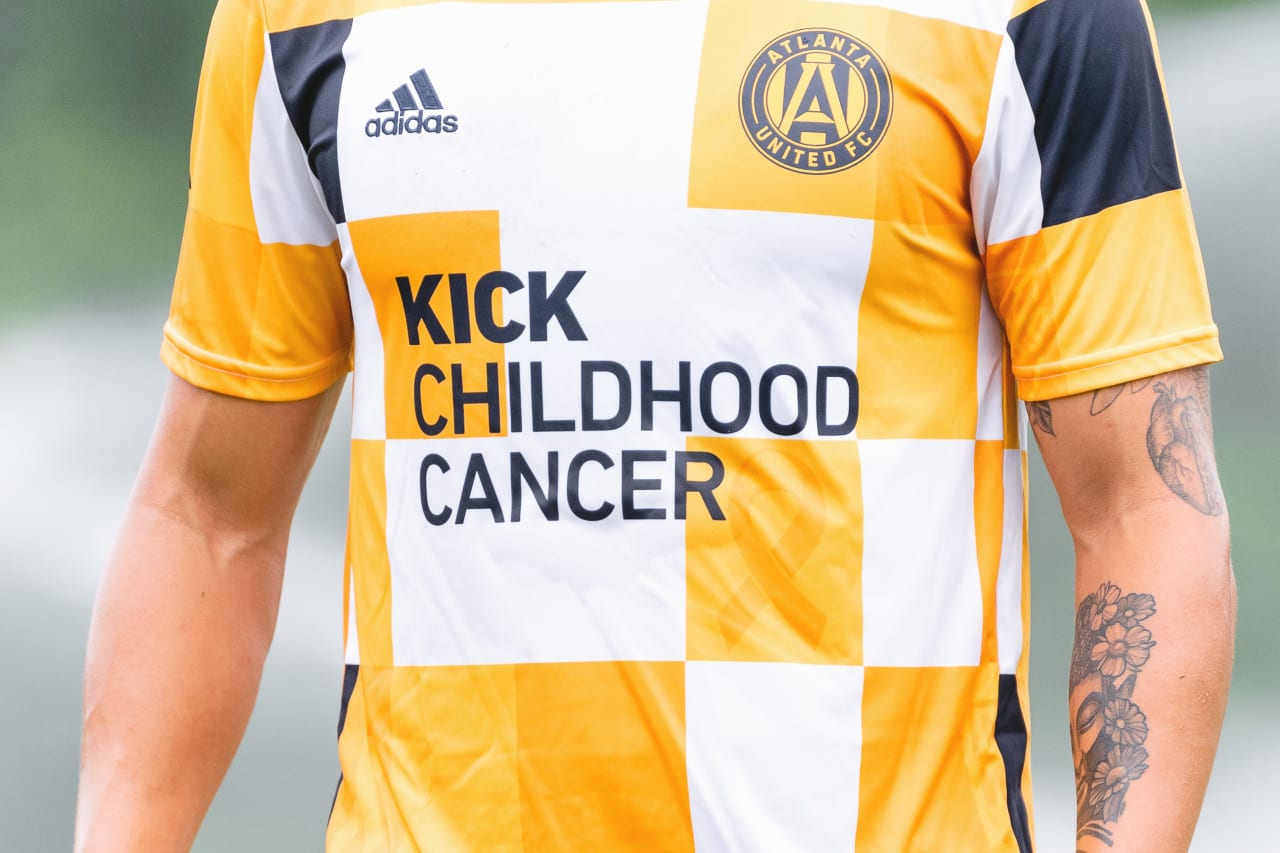 A detail photo of the Kick Childhood Cancer pre-match top during training at Children's Healthcare of Atlanta Training Ground in Marietta, Georgia, on Wednesday August 24, 2022. (Photo by Dakota Williams/Atlanta United)