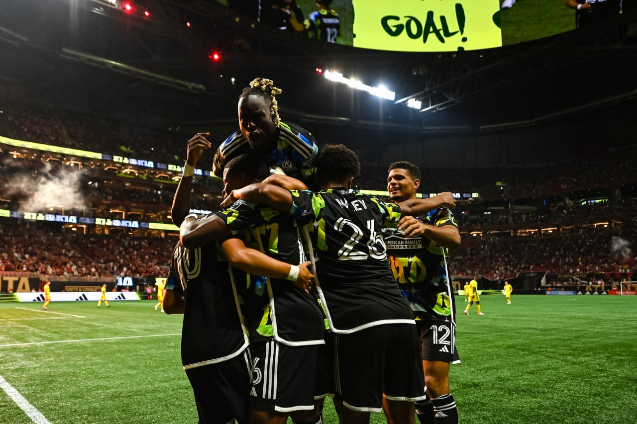 Atlanta United midfielder Thiago Almada #10 celebrates with teammates after a goal during the second half of the match against Nashville SC at Mercedes-Benz Stadium in Atlanta, GA on Saturday, August 26, 2023. (Photo by Mitch Martin/Atlanta United)