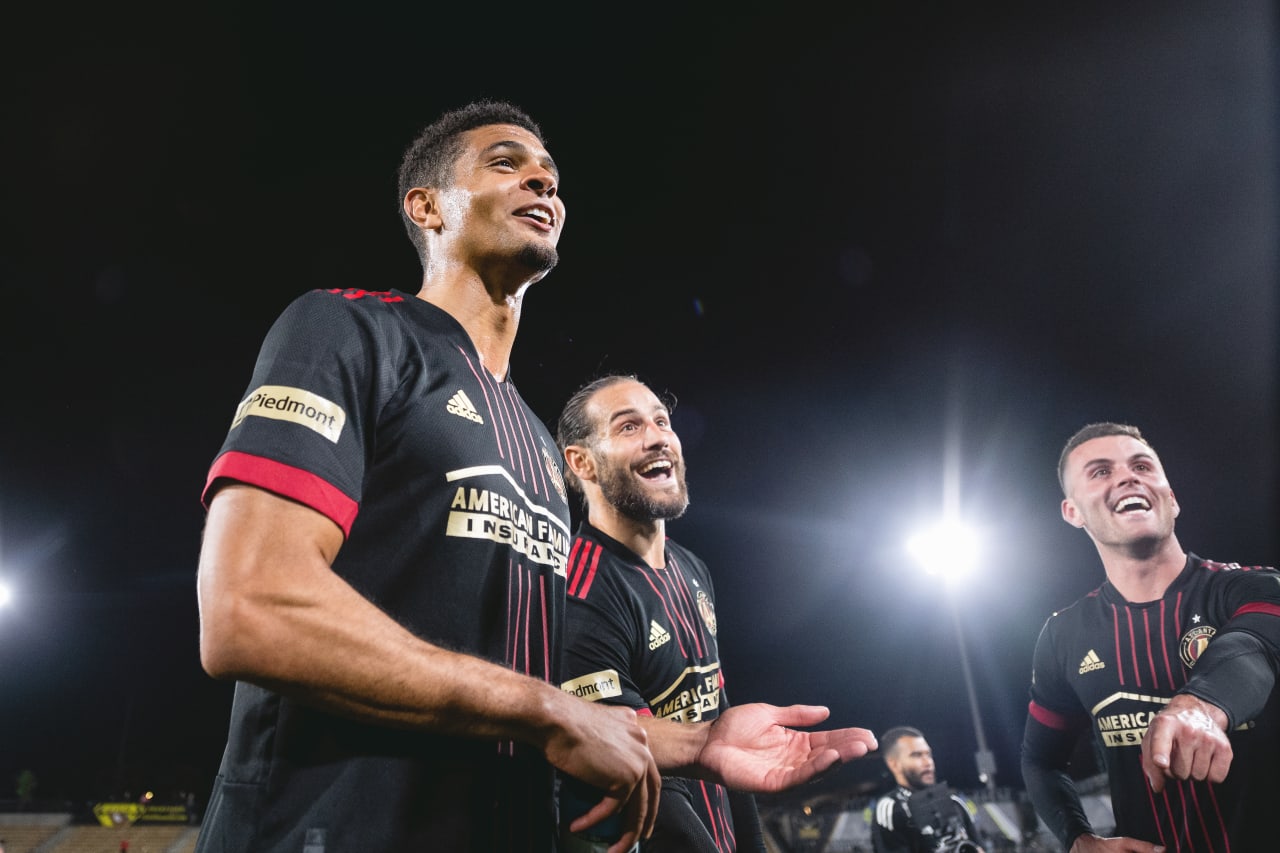 Atlanta United defender Miles Robinson #12 celebrates the win after the match against Chattanooga FC at Fifth Third Bank Stadium in Kennesaw, United States on Wednesday April 20, 2022. (Photo by Dakota Williams/Atlanta United)