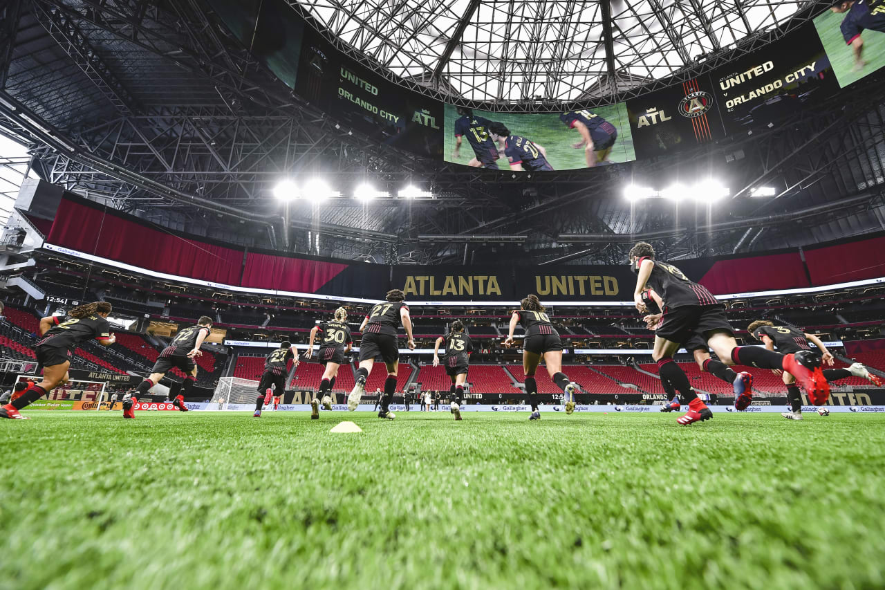 Players warm up before the Unified match against Orlando City SC at Mercedes-Benz Stadium in Atlanta, Georgia, on Sunday July 17, 2022. (Photo by Kyle Hess/Atlanta United)