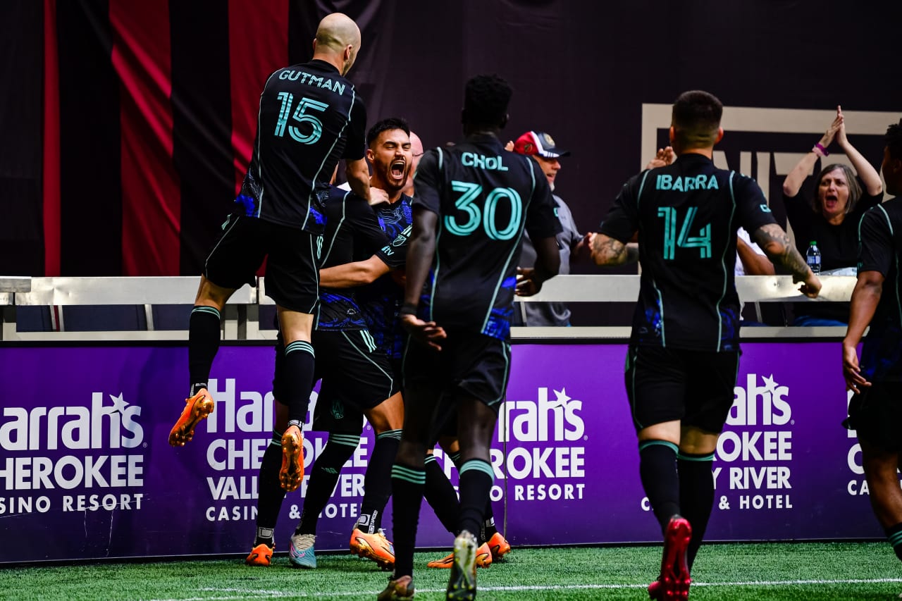 Atlanta United defender Juan José Sanchez Purata #22 celebrates after scoring the game-winning goal during the second half of the match against Chicago Fire FC at Mercedes-Benz Stadium in Atlanta, GA on Sunday, April 23, 2023. (Photo by Kyle Hess/Atlanta United)