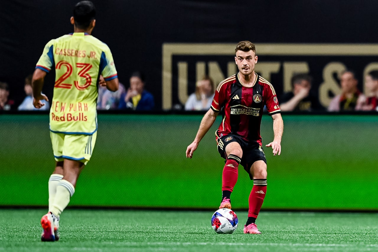 Atlanta United midfielder Amar Sejdic #13 dribbles during the first half during the match against New York Red Bulls at Mercedes-Benz Stadium in Atlanta, GA on Saturday April 1, 2023. (Photo by Mitchell Martin/Atlanta United)