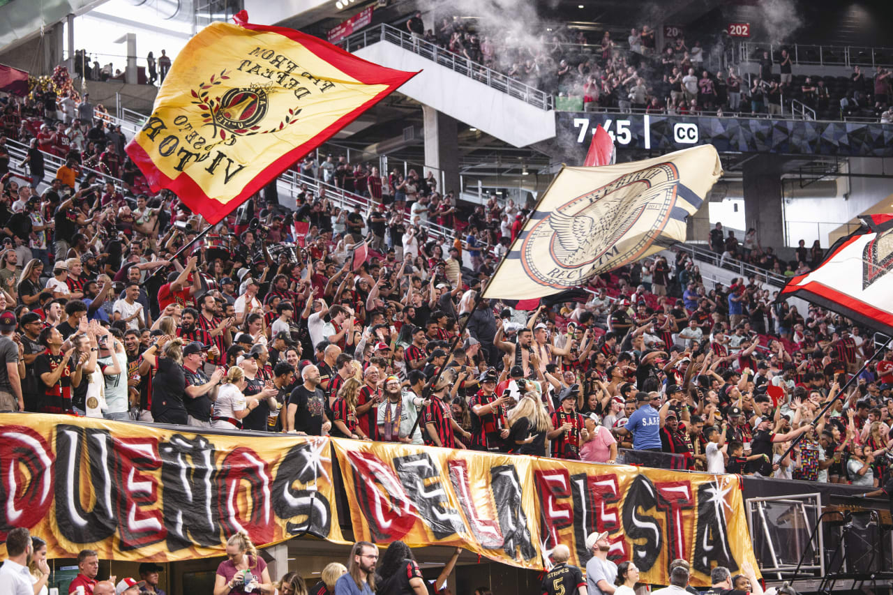 Atlanta United supporters during the match against Pachuca at Mercedes-Benz Stadium in Atlanta, United States on Tuesday June 14, 2022. (Photo by Chamberlain Smith/Atlanta United)