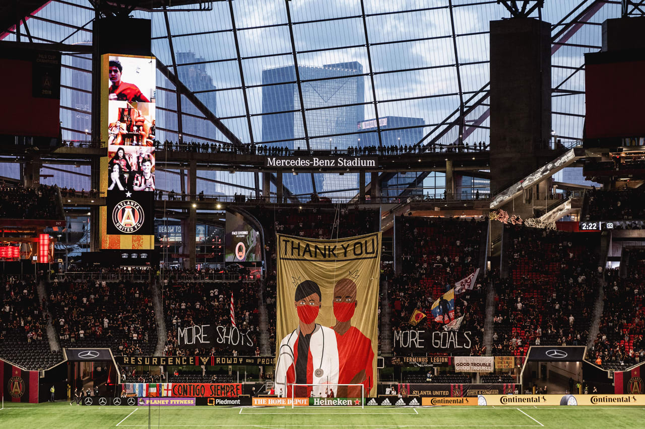 A tifo is shown before the starts of the 2021 MLS Home Opener against the Chicago Fire at Mercedes-Benz Stadium in Atlanta, Georgia, on Saturday April 24, 2021. (Photo by Adam Hagy/Atlanta United)