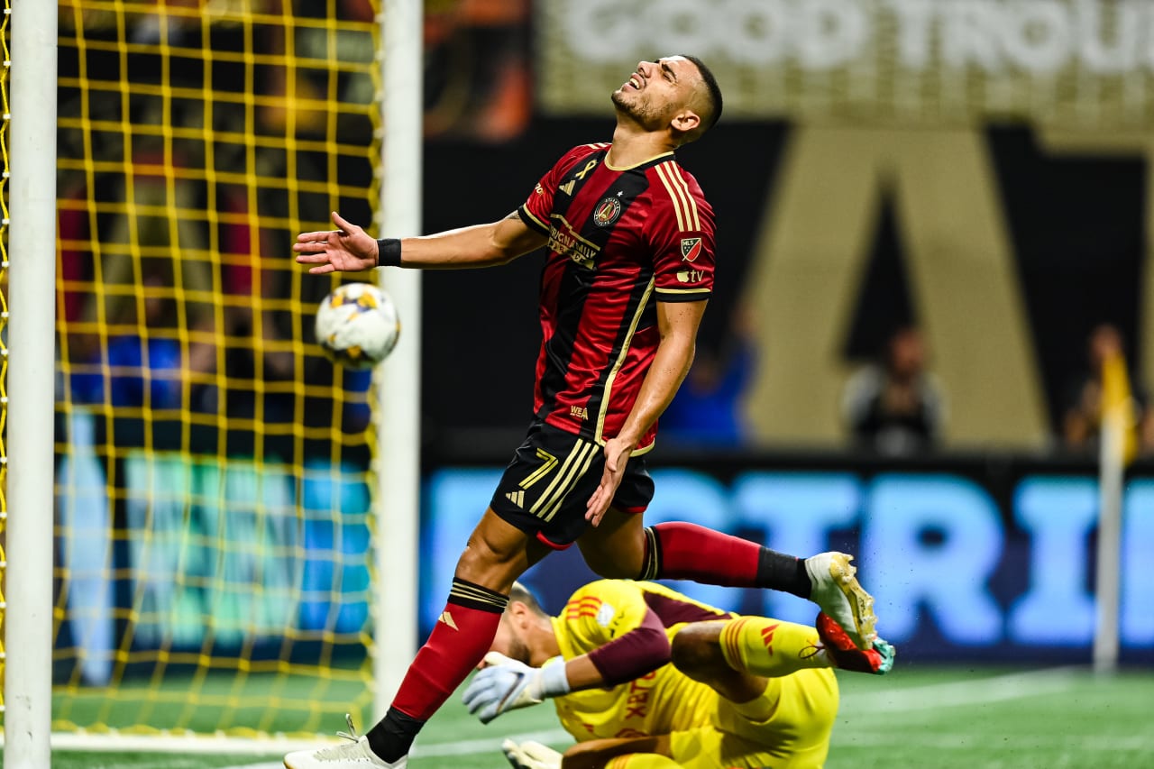 Atlanta United forward Giorgos Giakoumakis #7 reacts after a goal during the second half of the match against Inter Miami at Mercedes-Benz Stadium in Atlanta, GA on Saturday, September 16, 2023. (Photo by Mitch Martin/Atlanta United)