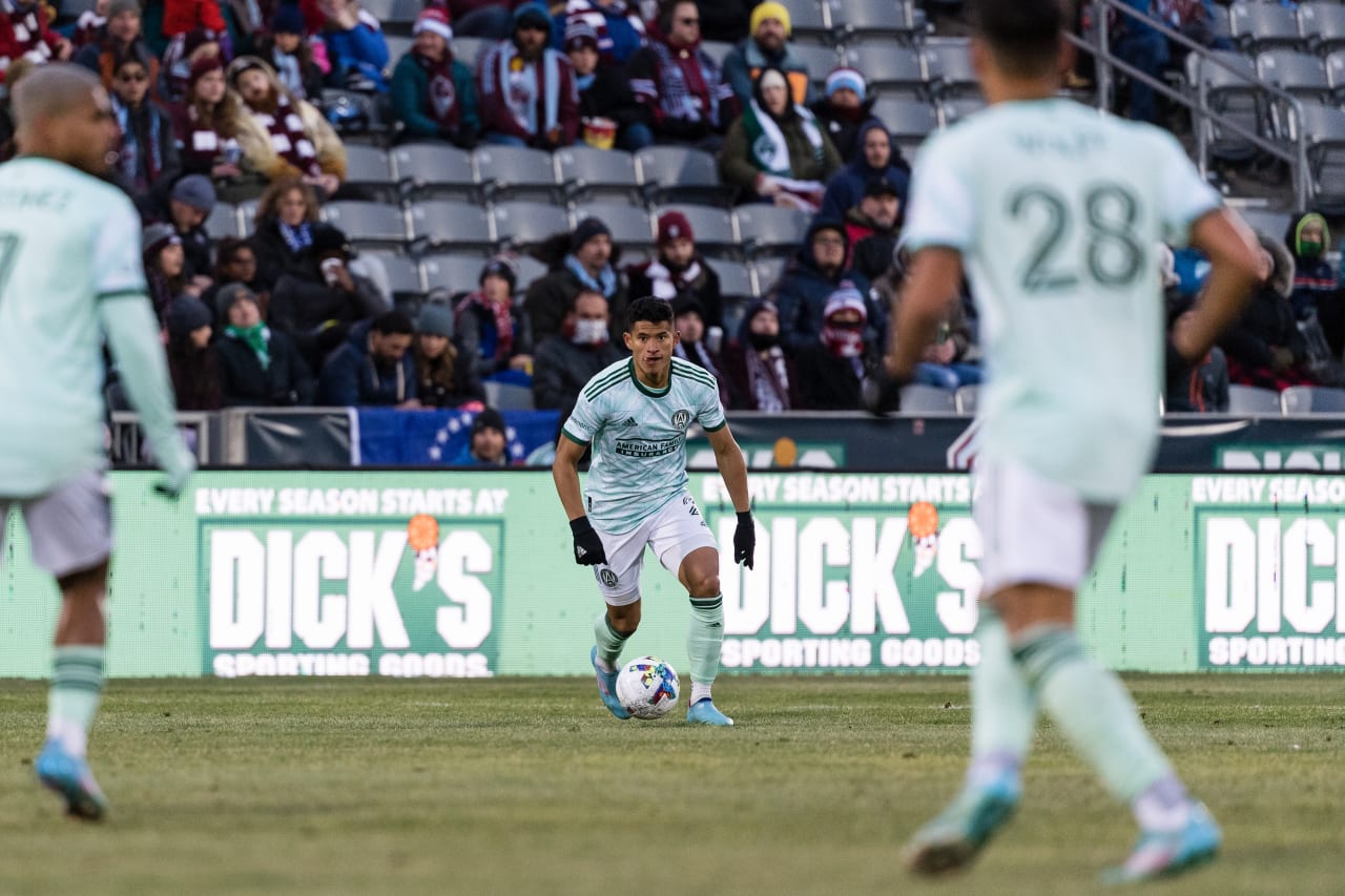 Atlanta United defender Ronald Hernandez #2 runs with the ball during the match against Colorado Rapids at Dick's Sporting Goods Park in Commerce City, United States on Saturday March 5, 2022. (Photo by Dakota Williams/Atlanta United)