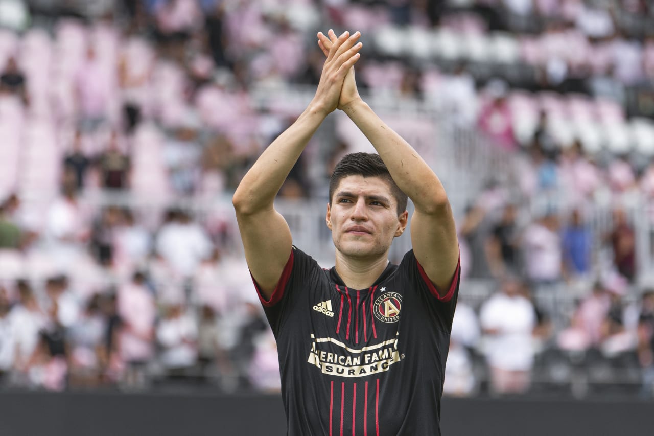 Atlanta United forward Ronaldo Cisneros #29 interacts with the crowd after the match against Inter Miami at DRV PNK Stadium in Fort Lauderdale, United States on Sunday April 24, 2022. (Photo by Dakota Williams/Atlanta United)