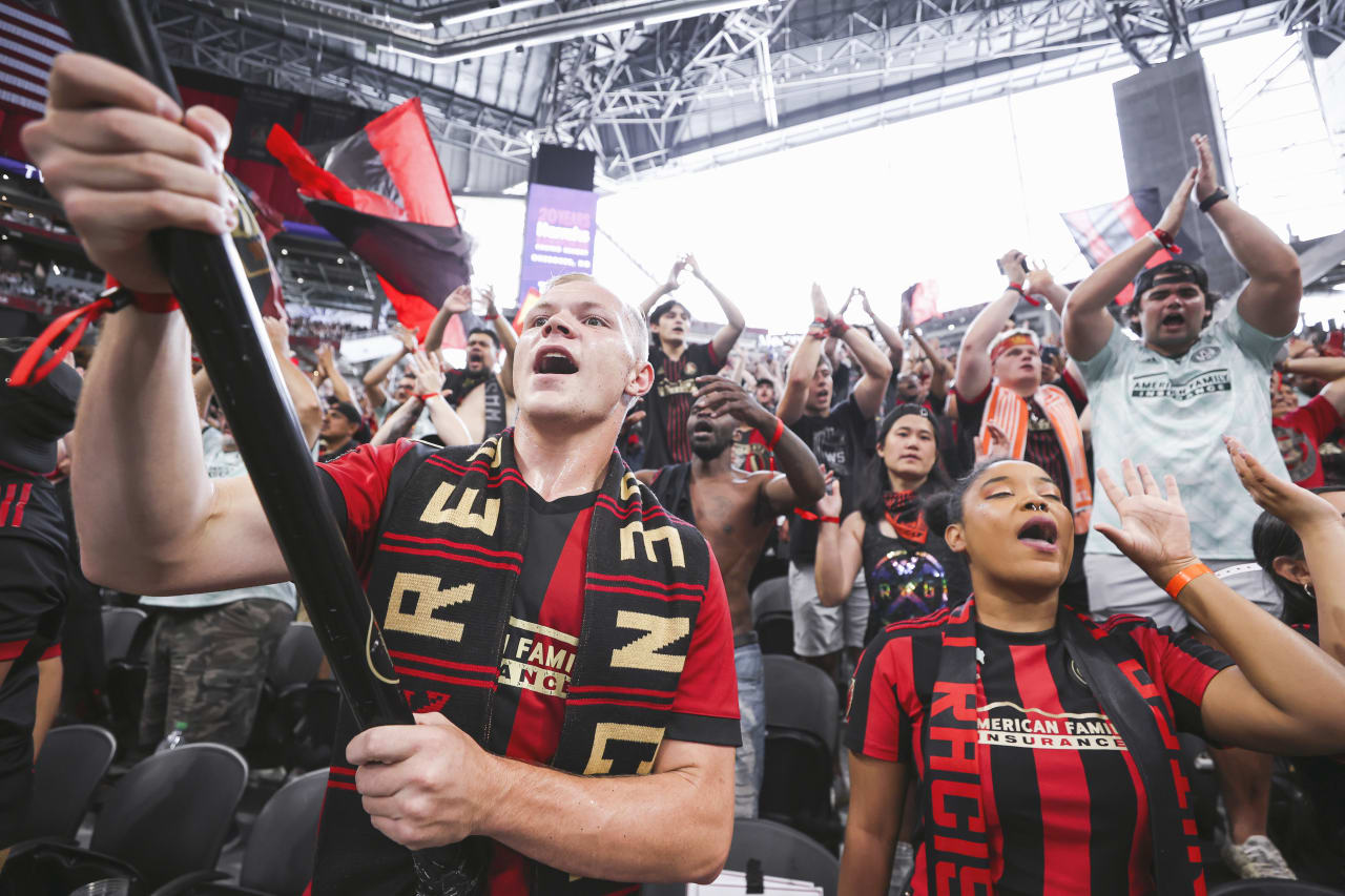 Atlanta United supporters during the match against New England Revolution at Mercedes-Benz Stadium in Atlanta, United States on Sunday May 15, 2022. (Photo by Casey Sykes/Atlanta United)