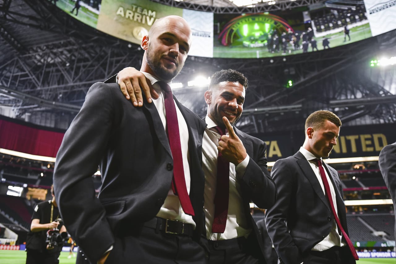 Atlanta United defender Andrew Gutman #15 and forward Dom Dwyer #4 arrive before the match against D.C. United at Mercedes-Benz Stadium in Atlanta, United States on Sunday August 28, 2022. (Photo by Kyle Hess/Atlanta United)
