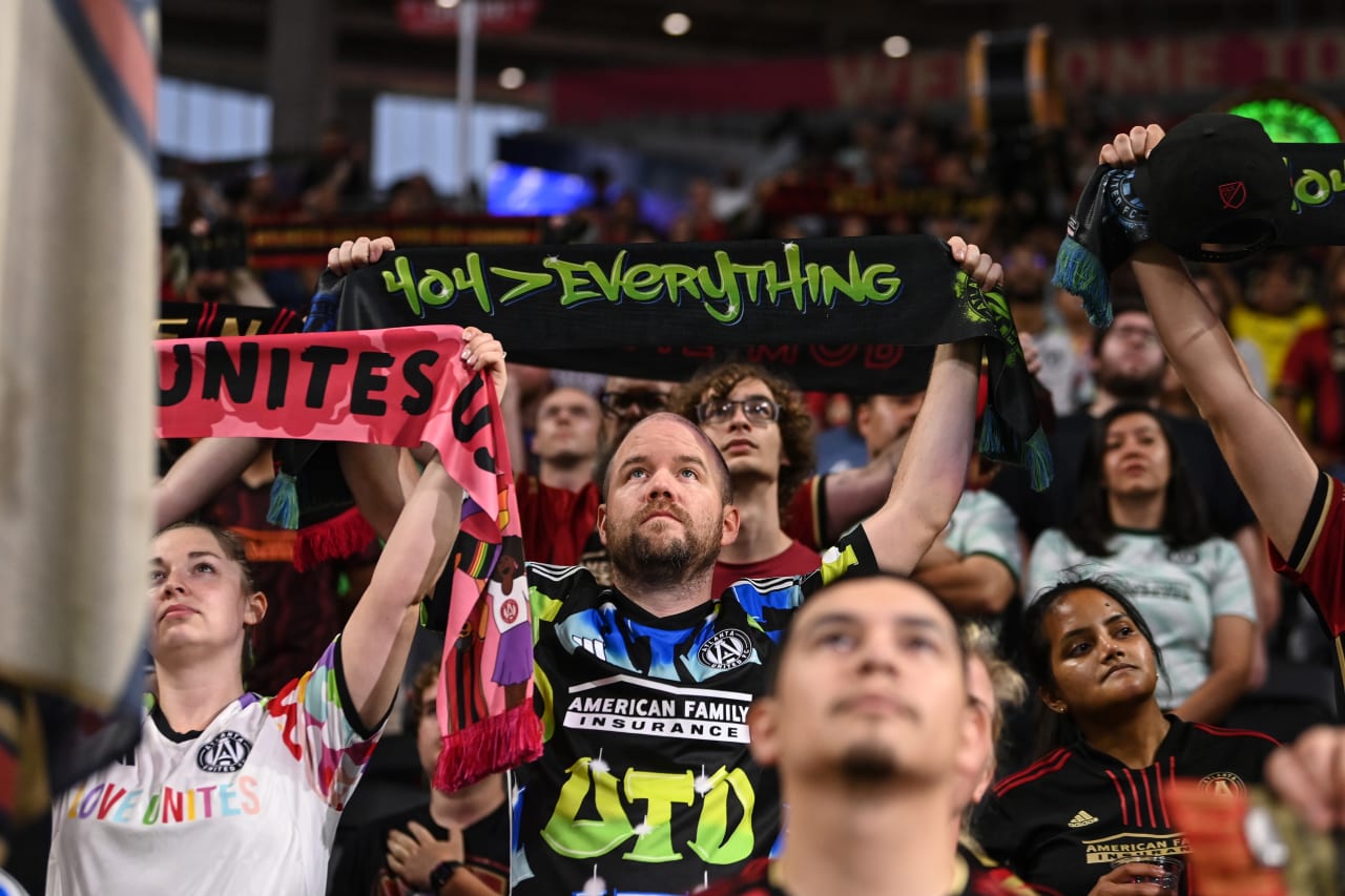 Supporters cheer and raise their scarf during the match against Cincinnati FC at Mercedes-Benz Stadium in Atlanta, GA on Wednesday, August 30, 2023. (Photo by Jay Bendlin/Atlanta United)