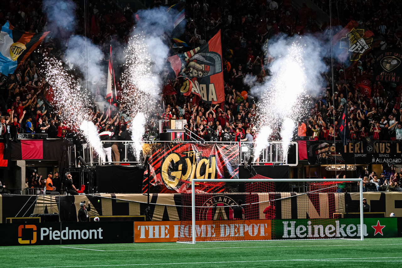 Ludacris hits the Golden Spike before the match against San Jose Earthquakes at Mercedes-Benz Stadium in Atlanta, GA on Saturday February 25, 2023. (Photo by Mitchell Martin/Atlanta United)