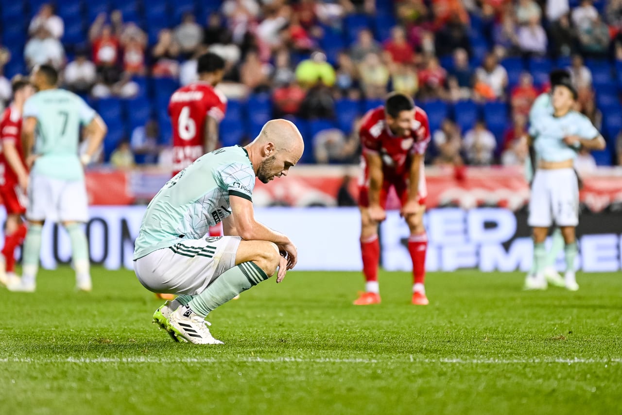 Atlanta United defender Andrew Gutman #15 reacts during the match against New York Red Bulls at Red Bull Arena in Harrison, NJ on Saturday, June 24, 2023. (Photo by Mitchell Martin/Atlanta United)