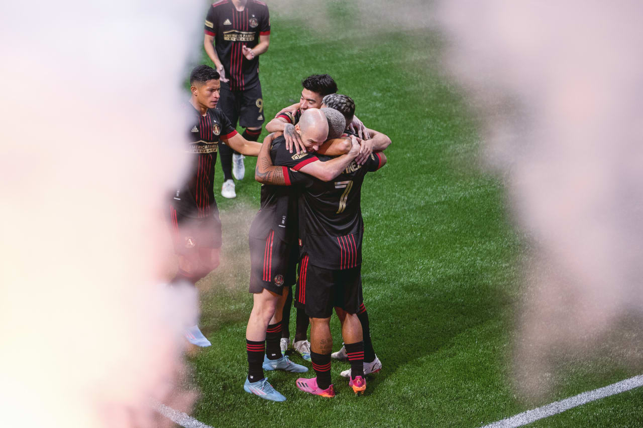 Atlanta United forward Josef Martinez #7 celebrates after scoring a goal during the 2022 Opening Day match against Charlotte FC at Mercedes-Benz Stadium in Atlanta, United States on Sunday March 13, 2022. (Photo by Casey Sykes/Atlanta United)