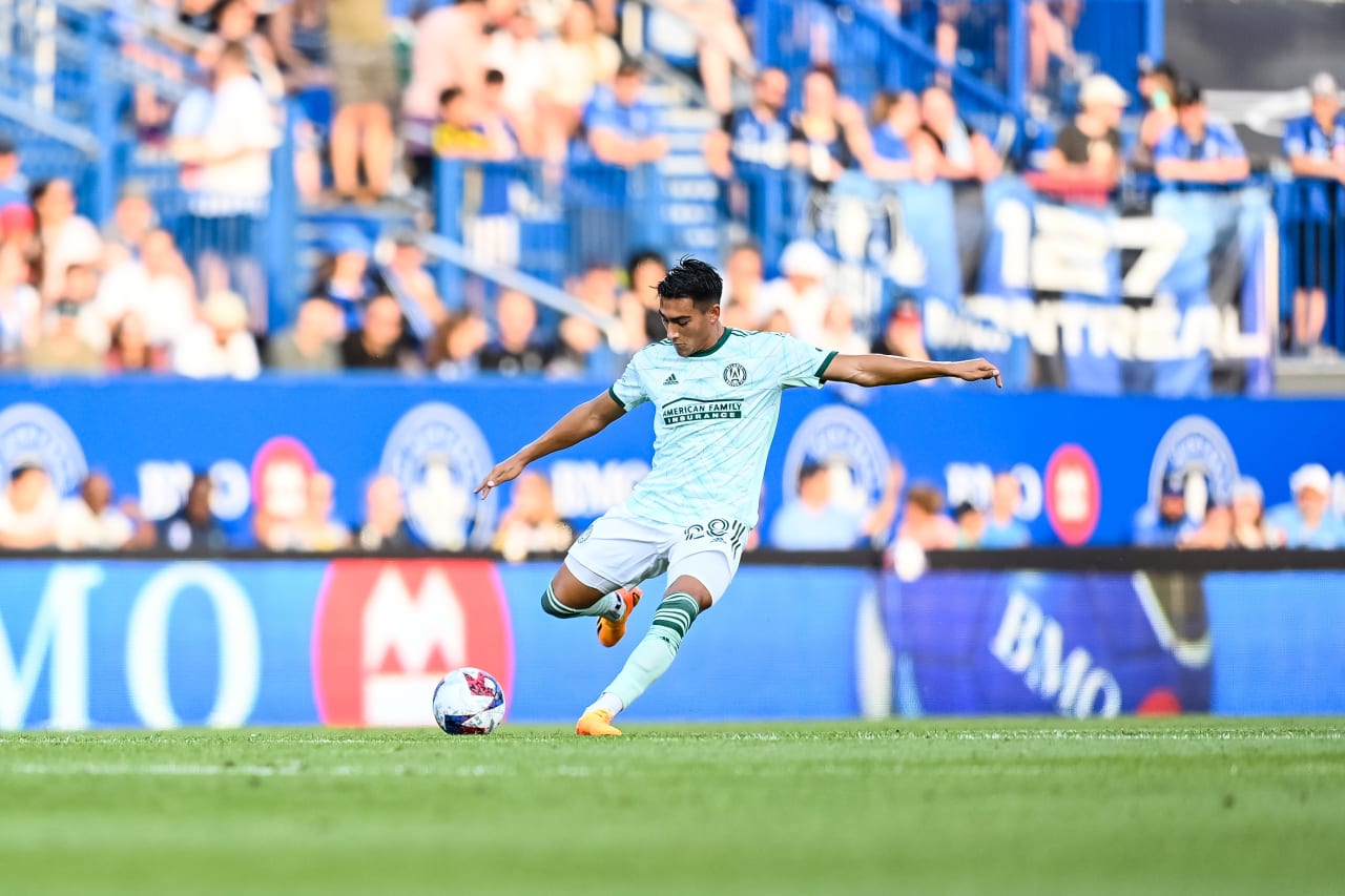 Atlanta United forward Tyler Wolff #28 kicks the ball during the match against CF Montreal at Stade Saputo in Montreal, Canada on Saturday, July 8, 2023. (Photo by Mitchell Martin/Atlanta United)