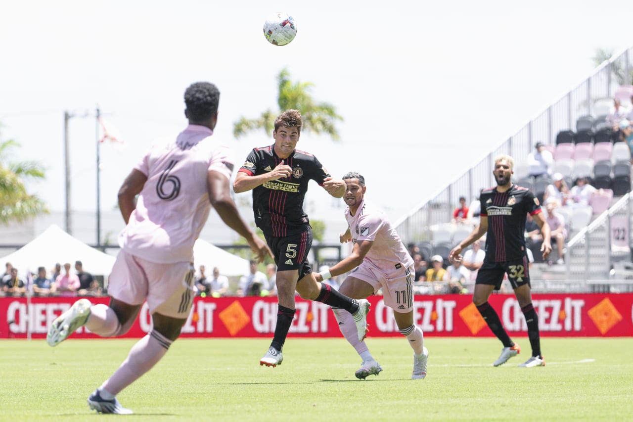 Atlanta United midfielder Santiago Sosa #5 goes up for the ball during the match against Inter Miami at DRV PNK Stadium in Fort Lauderdale, United States on Sunday April 24, 2022. (Photo by Dakota Williams/Atlanta United)