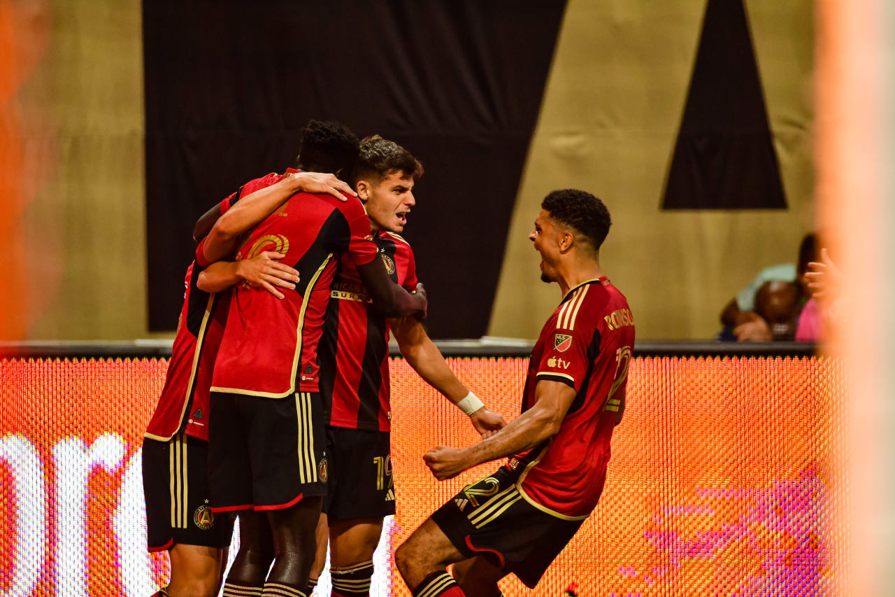 Atlanta United forward Miguel Berry #19 celebrates with teammates after a goal during the second half of the match against New England Revolution at Mercedes-Benz Stadium in Atlanta, GA on Wednesday, May 31, 2023. (Photo by Kyle Hess/Atlanta United)