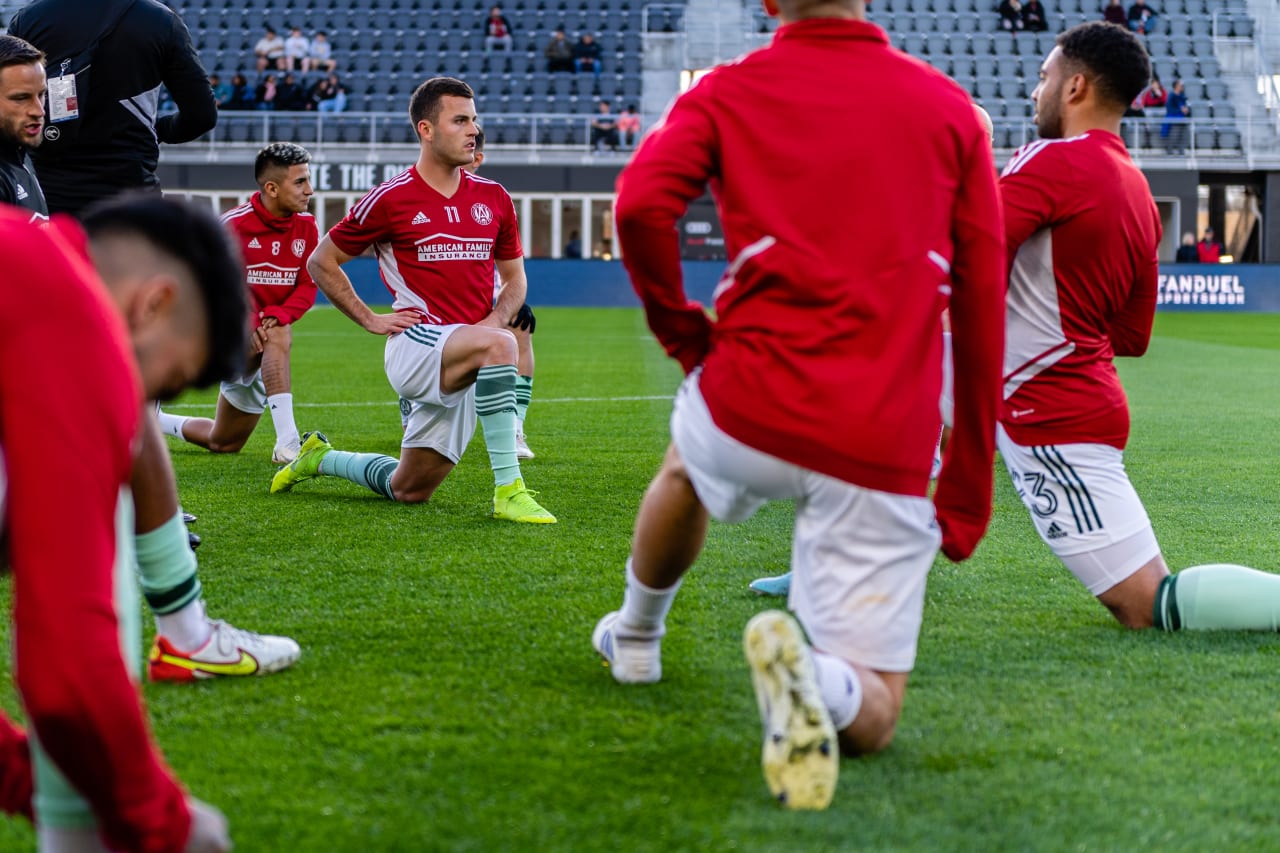 Atlanta United defender Brooks Lennon #11 stretches before the match against DC United at Audi Field in Washington, DC, on Saturday April 2, 2022. (Photo by Mitch Martin/Atlanta United)
