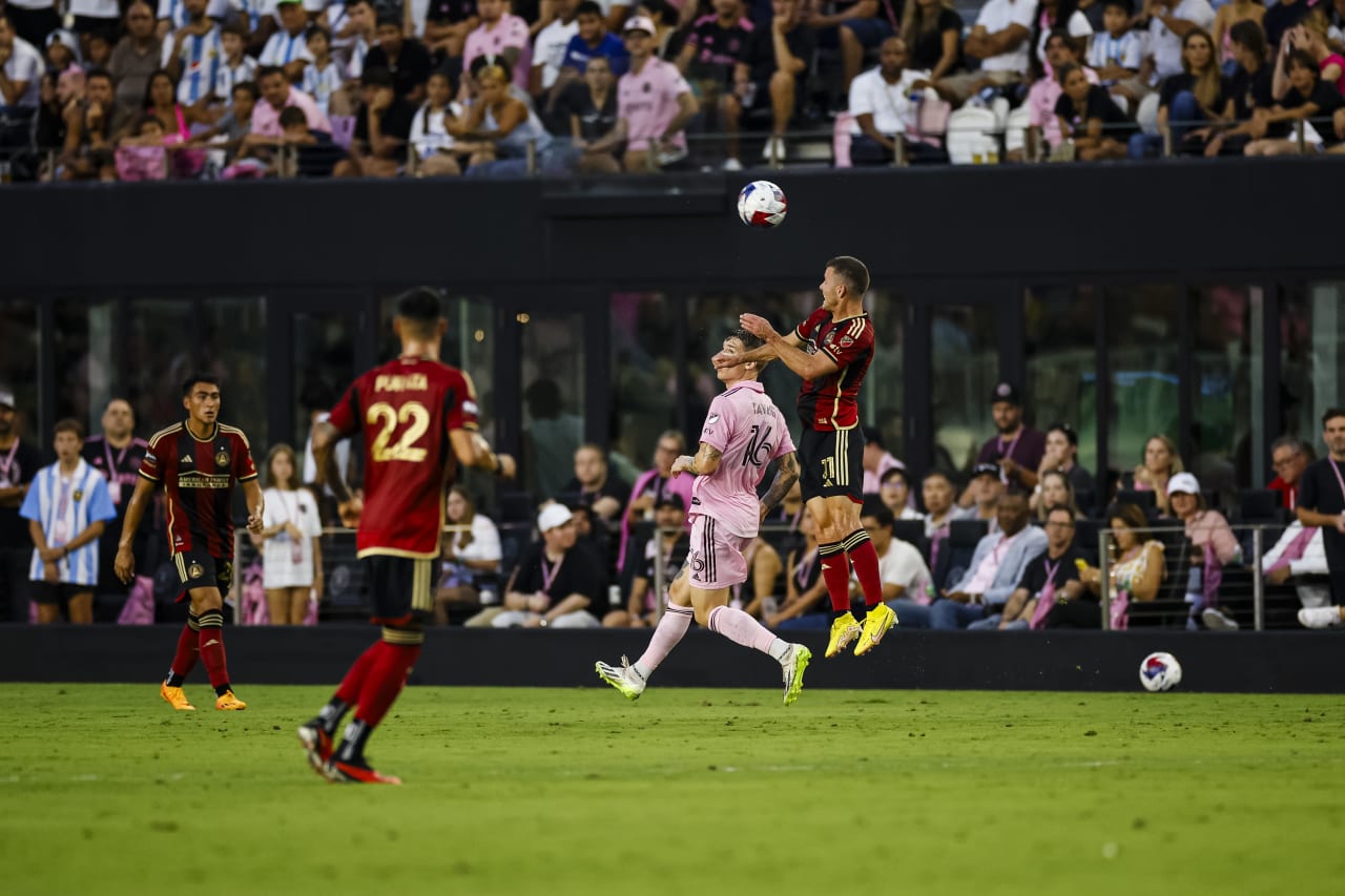 Atlanta United defender Brooks Lennon #11 heads the ball during the first half of the match against Inter Miami at DRV PNK Stadium in Fort Lauderdale, FL on Tuesday, July 25, 2023. (Photo by James Gilbert/Atlanta United)