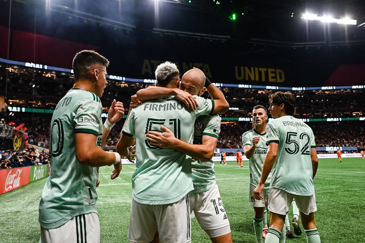 Atlanta United midfielder Nick Firmino #51 celebrates with Atlanta United defender Andrew Gutman #15 after scoring a goal in the second half during the match against New York City FC at Mercedes-Benz Stadium in Atlanta, GA on Wednesday, June 21, 2023. (Photo by Mitchell Martin/Atlanta United)