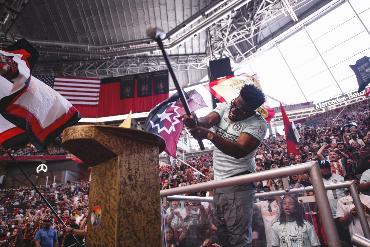 David Banner hits the spike before the match against Inter Miami CF at Mercedes-Benz Stadium in Atlanta, Georgia, on Sunday June 19, 2022. (Photo by Mitchell Martin/Atlanta United)