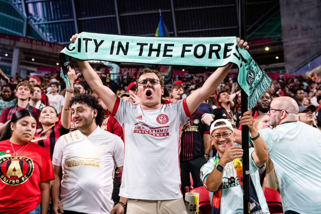 Supporters react after a goal during the match against New York City FC at Mercedes-Benz Stadium in Atlanta, GA on Wednesday, June 21, 2023. (Photo by Kathryn Skeean/Atlanta United)