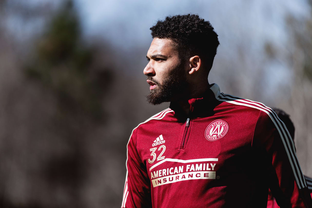 Atlanta United defender George Campbell #32 looks on during warm-ups before the preseason match against the Georgia Revolution at Turner Soccer Complex in Athens, Georgia, on Sunday January 30, 2022. (Photo by Jacob Gonzalez/Atlanta United)