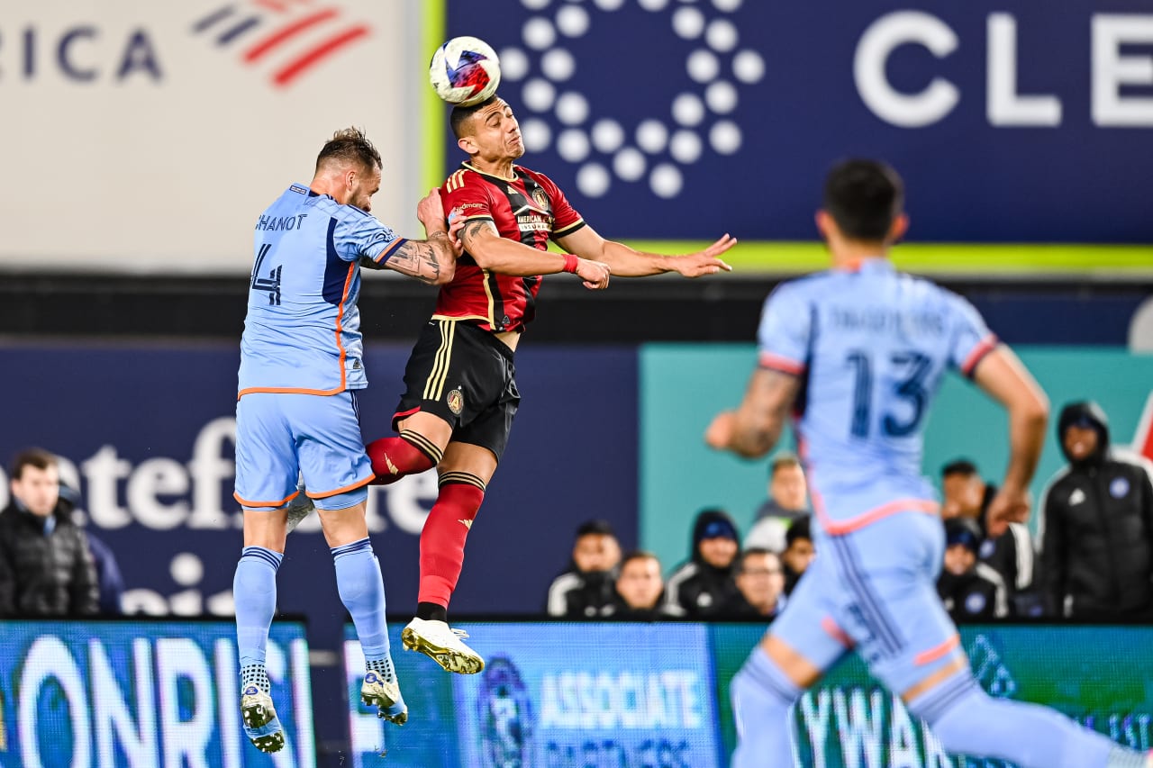 Atlanta United forward Giorgos Giakoumakis #7 battles for a header during the first half of the match against New York City FC at Yankee Stadium in Bronx, NY on Saturday April 8, 2023. (Photo by Jay Bendlin/Atlanta United)