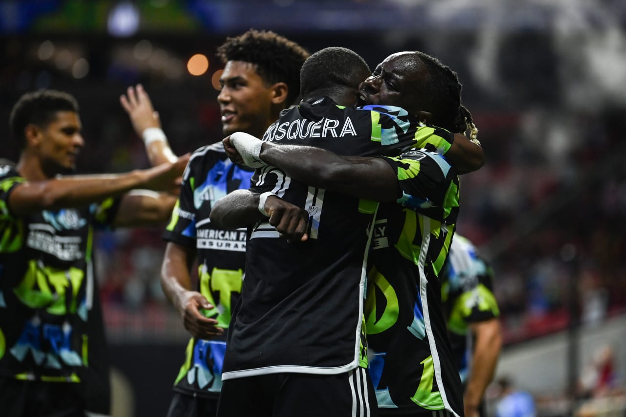 Atlanta United forward Edwin Mosquera #21and midfielder Tristan Muyumba #8 celebrate after scoring a goal during the match against Cincinnati FC at Mercedes-Benz Stadium in Atlanta, GA on Wednesday, August 30, 2023. (Photo by Mitch Martin/Atlanta United)