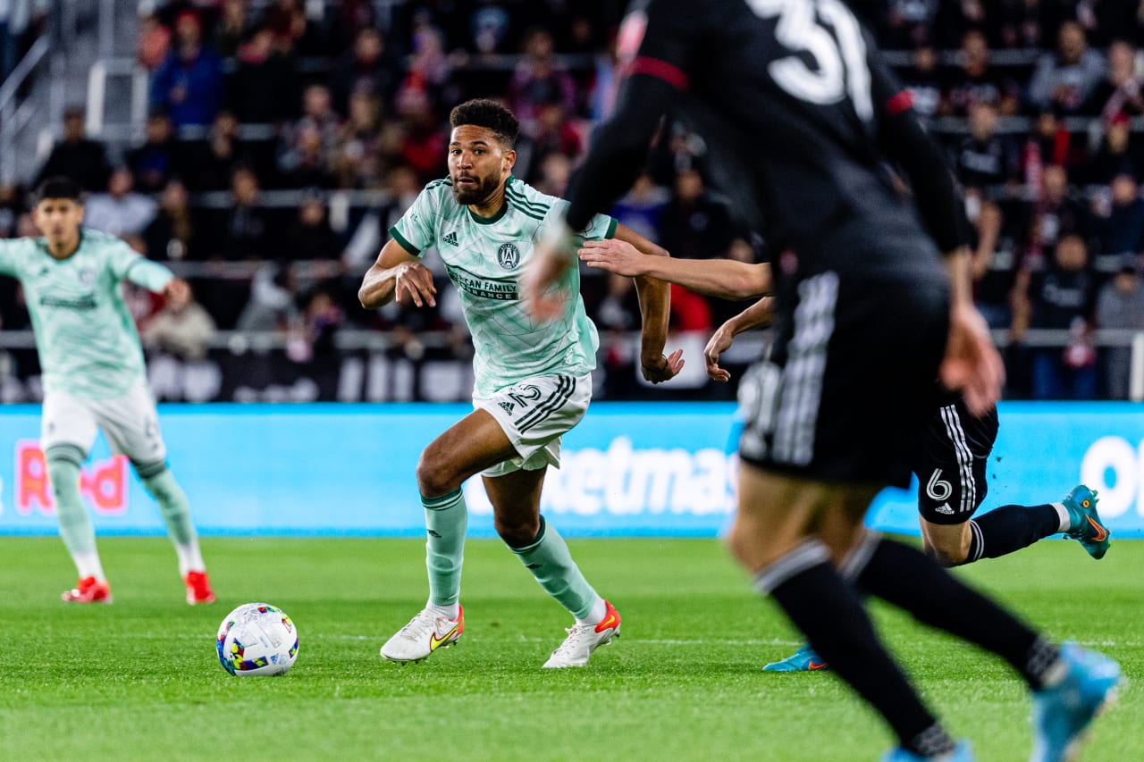 Atlanta United defender George Campbell #32 dribbles through the midfield during the match against DC United at Audi Field in Washington, DC, on Saturday April 2, 2022. (Photo by Mitch Martin/Atlanta United)