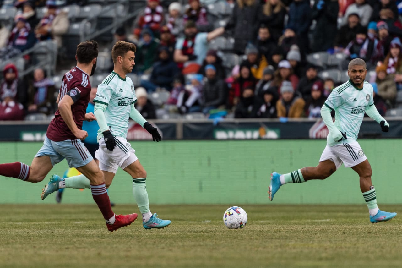 Atlanta United midfielder Amar Sejdic #13 runs with the ball during the match against Colorado Rapids at Dick's Sporting Goods Park in Commerce City, United States on Saturday March 5, 2022. (Photo by Dakota Williams/Atlanta United)