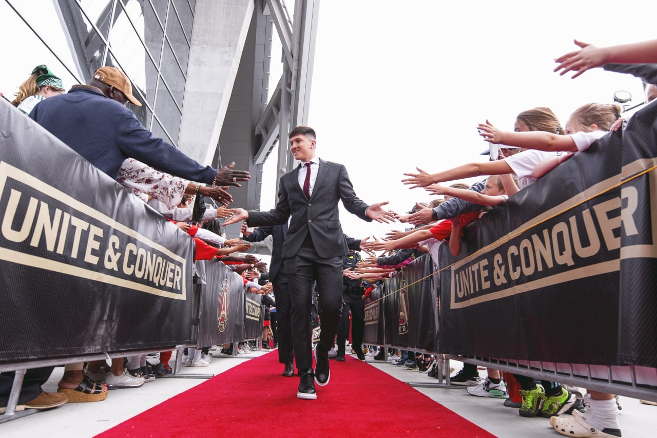 Atlanta United midfielder Franco Ibarra #14 arrives before the match against Chicago Fire FC at Mercedes-Benz Stadium in Atlanta, United States on Saturday May 7, 2022. (Photo by Mitchell Martin/Atlanta United)