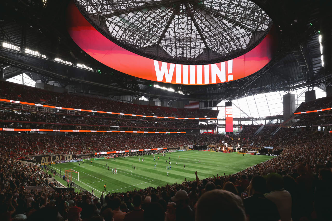 Fans react after a victory in the match against Seattle Sounders FC at Mercedes-Benz Stadium in Atlanta, United States on Saturday August 6, 2022. (Photo by Karl Moore/Atlanta United)