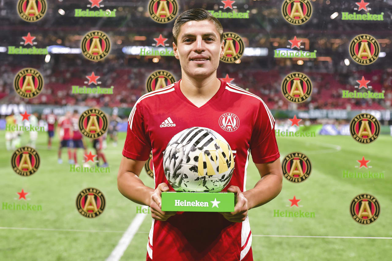 Atlanta United forward Ronaldo Cisneros #29 is awarded the man of the match after the match against Real Salt Lake at Mercedes-Benz Stadium in Atlanta, United States on Wednesday July 13, 2022. (Photo by Kyle Hess/Atlanta United)