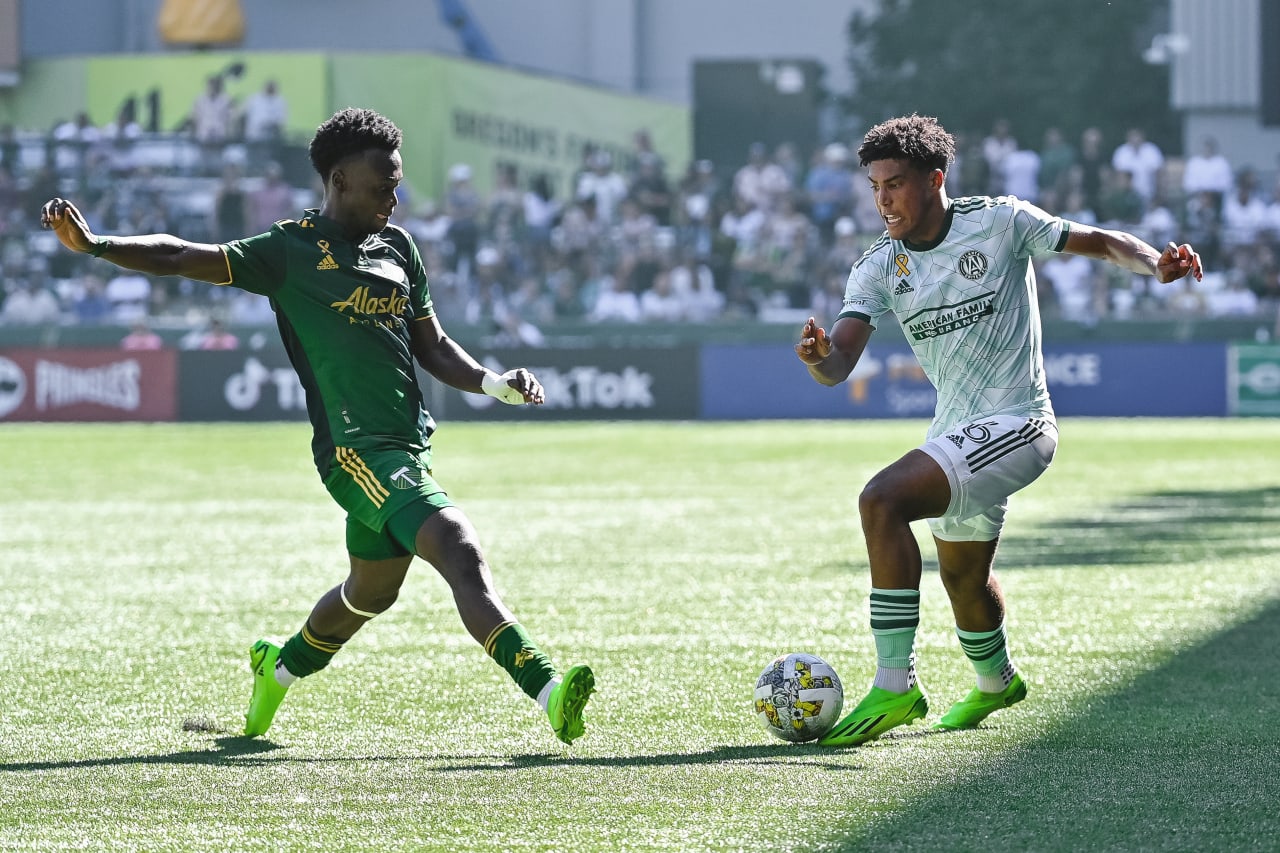 Atlanta United defender Caleb Wiley #26 dribbles the ball during the first half of the match against Portland Timbers at Providence Park in Portland, United States on Sunday September 4, 2022. (Photo by Dakota Williams/Atlanta United)