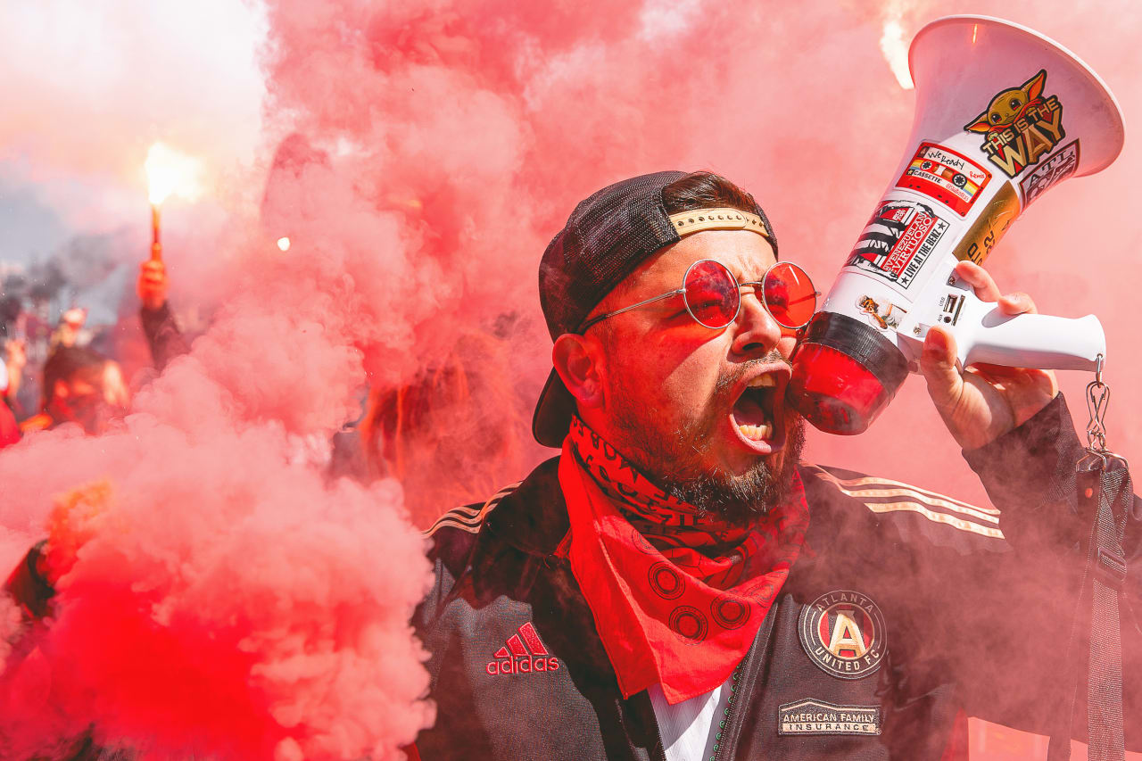 Atlanta United supporters before the 2022 Opening Day match against Charlotte FC at Mercedes-Benz Stadium in Atlanta, United States on Sunday March 13, 2022. (Photo by Casey Sykes/Atlanta United)