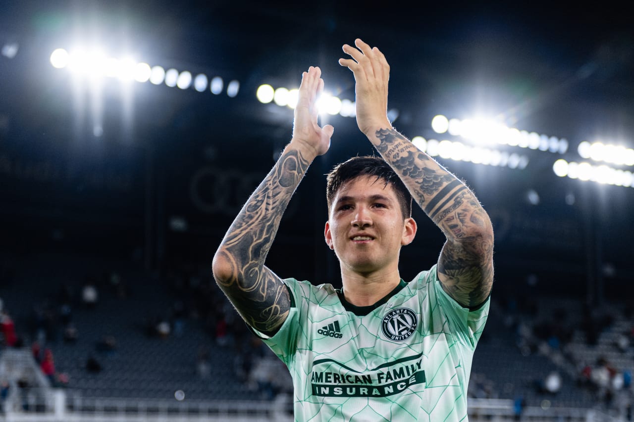 Atlanta United midfielder Franco Ibarra #14 thanks the traveling supporters after the match against DC United at Audi Field in Washington, DC, on Saturday April 2, 2022. (Photo by Mitch Martin/Atlanta United)