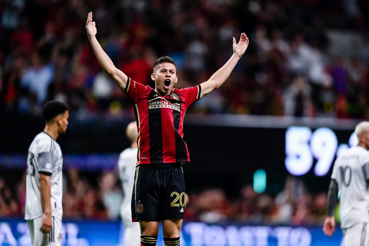 Atlanta United midfielder Matheus Rossetto #20 celebrates after scoring a goal during the match against Toronto FC at Mercedes-Benz Stadium in Atlanta, GA on Saturday March 4, 2023. (Photo by Mitchell Martin/Atlanta United)