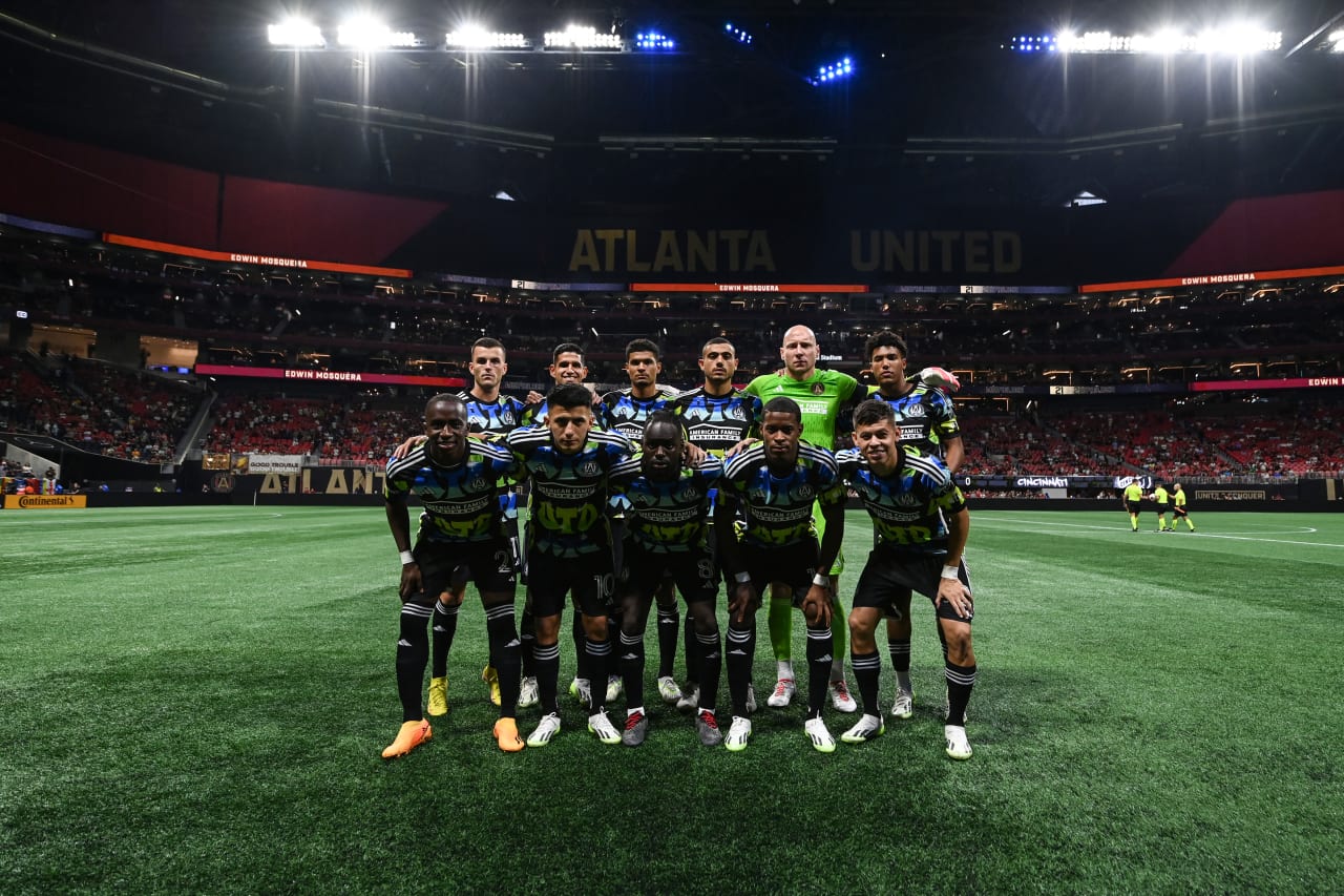 The Starting XI pose for a photo during the match against Cincinnati FC at Mercedes-Benz Stadium in Atlanta, GA on Wednesday, August 30, 2023. (Photo by Mitch Martin/Atlanta United)