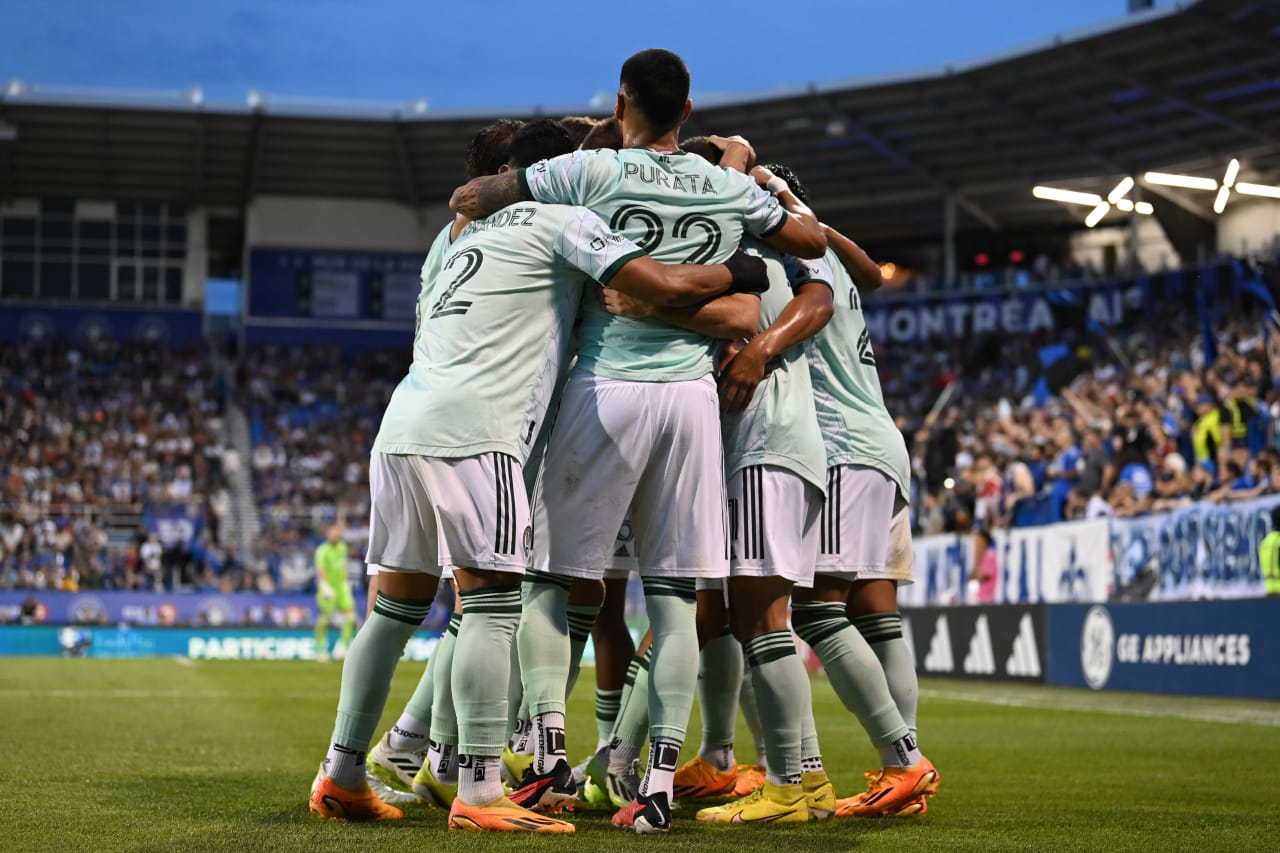Atlanta United celebrates after scoring a goal during the match against CF Montreal at Stade Saputo in Montreal, Canada on Saturday, July 8, 2023. (Photo by Mitchell Martin/Atlanta United)