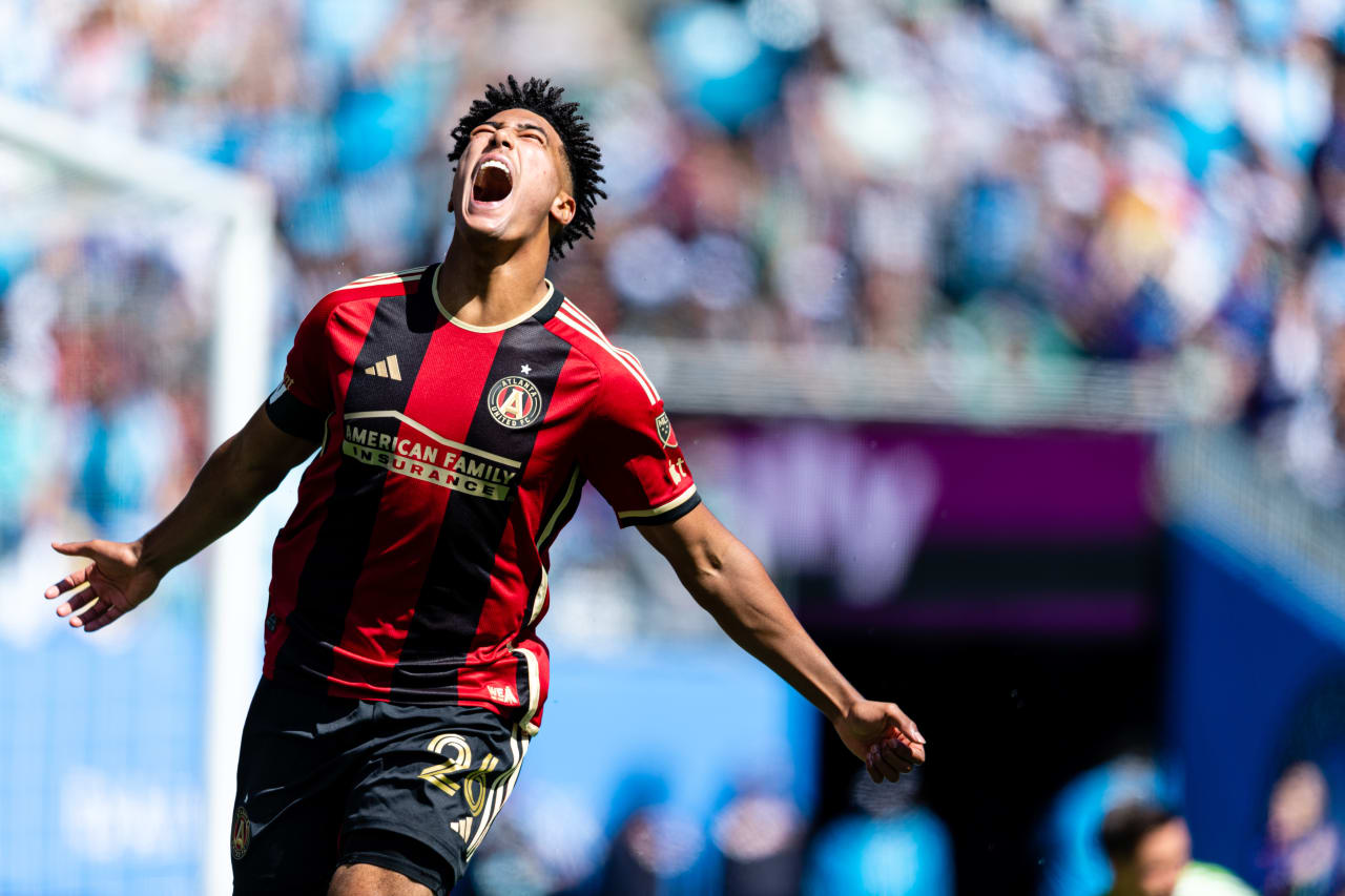Atlanta United defender Caleb Wiley #26 celebrates after scoring his first goal of the season during the match against Charlotte FC at Bank of America Stadium in Charlotte, North Carolina on Saturday, March 11, 2023. (Photo by Mitch Martin/Atlanta United)